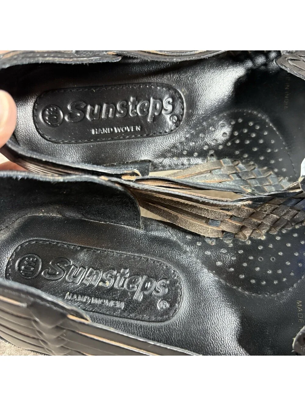 Sunsteps Shoes Black Leather Hand Woven Sandals Slip On Mens Size 10.5